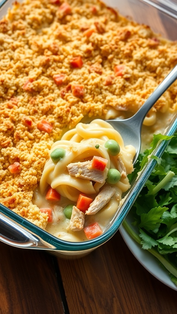 Chicken and Egg Noodle Casserole Recipe A golden brown chicken and egg noodle casserole with breadcrumbs, served in a glass dish on a wooden table.